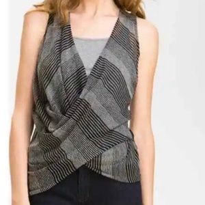 Eileen Fisher Criss Cross Faux Wrap Sleeveless Top Black Gray Medium